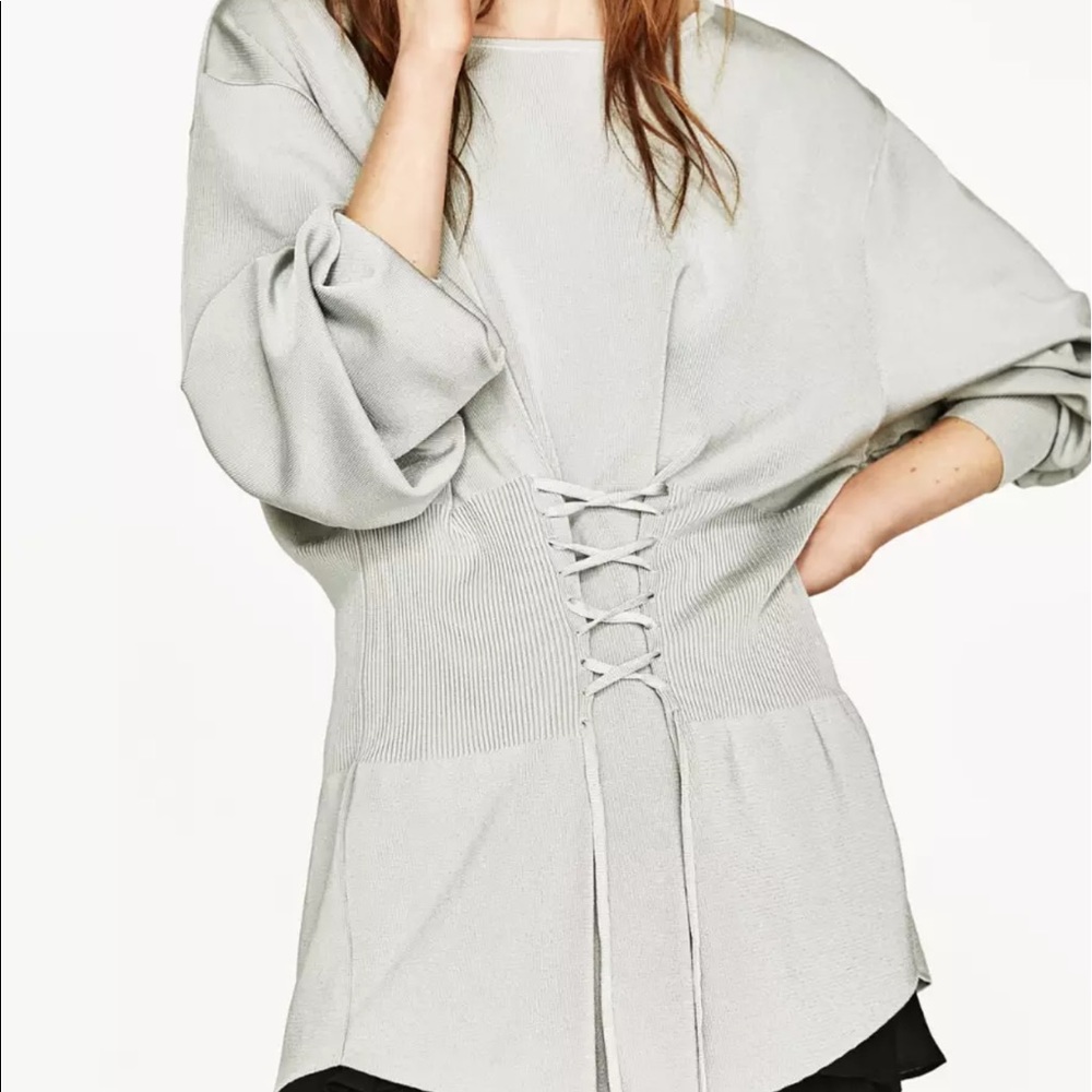 🤍 ZARA Silver Gray Corset Bandage Knit Long Tunic Round Neck Sweater 4331/005